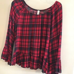 Holiday Plaid 3/4 Sleeve Blouse with Ruffles